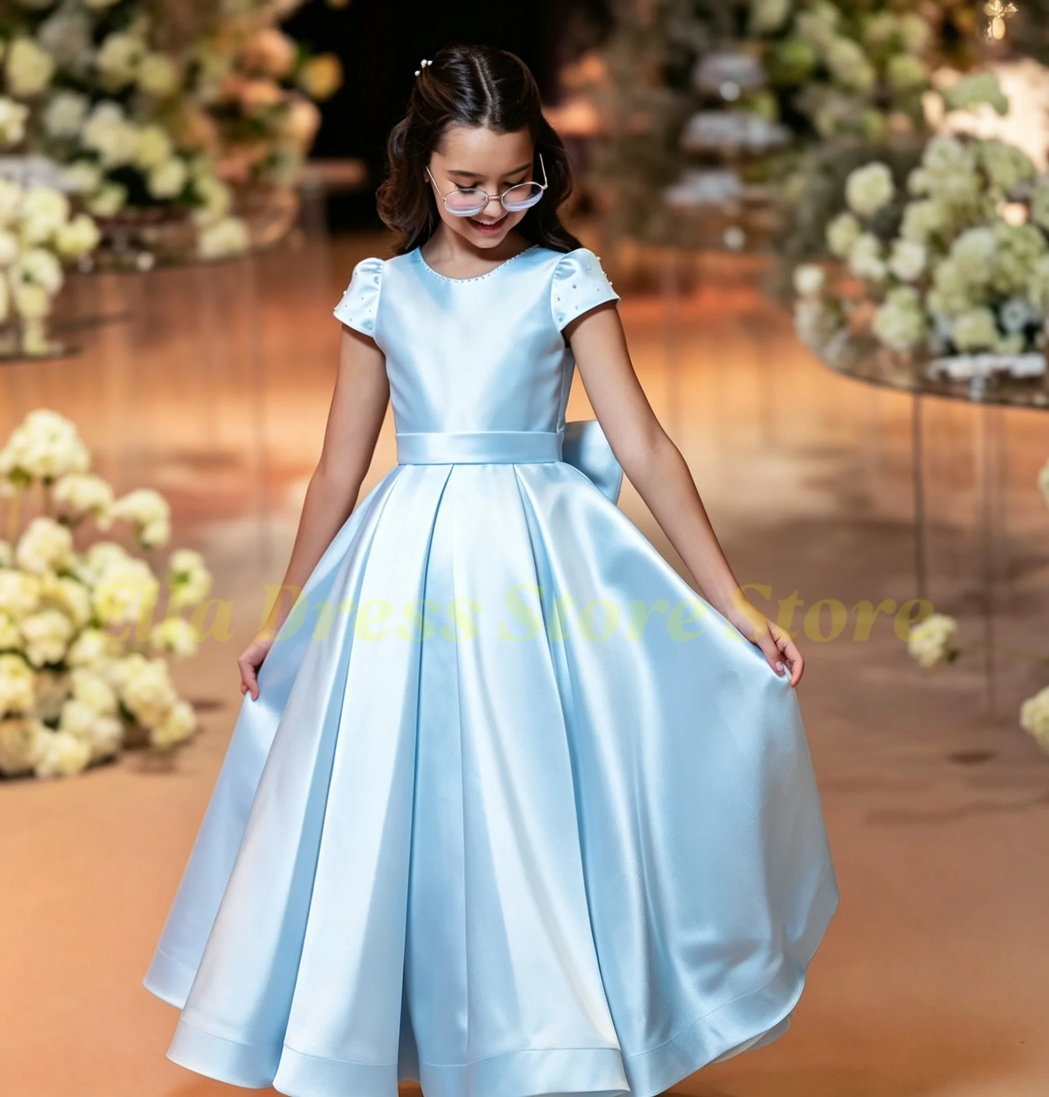 Großhandel Maßgeschneidertes Elegantes Prinzessinnen-Satin-Blumenmädchenkleid Hochzeit Prinzessin Kurzarm Elegantes Geburtstagsparty-Babykleid Maßanfertigung – Detail 4