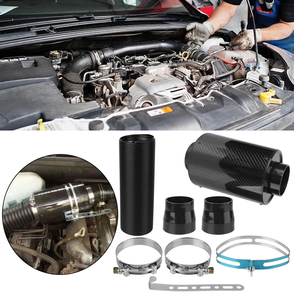 Car Carbon Fibre Cold Air Filter Feed Enclosed Intake Induction Pipe Hose Kit 1 Set Fiber Intake Filter Box Universal