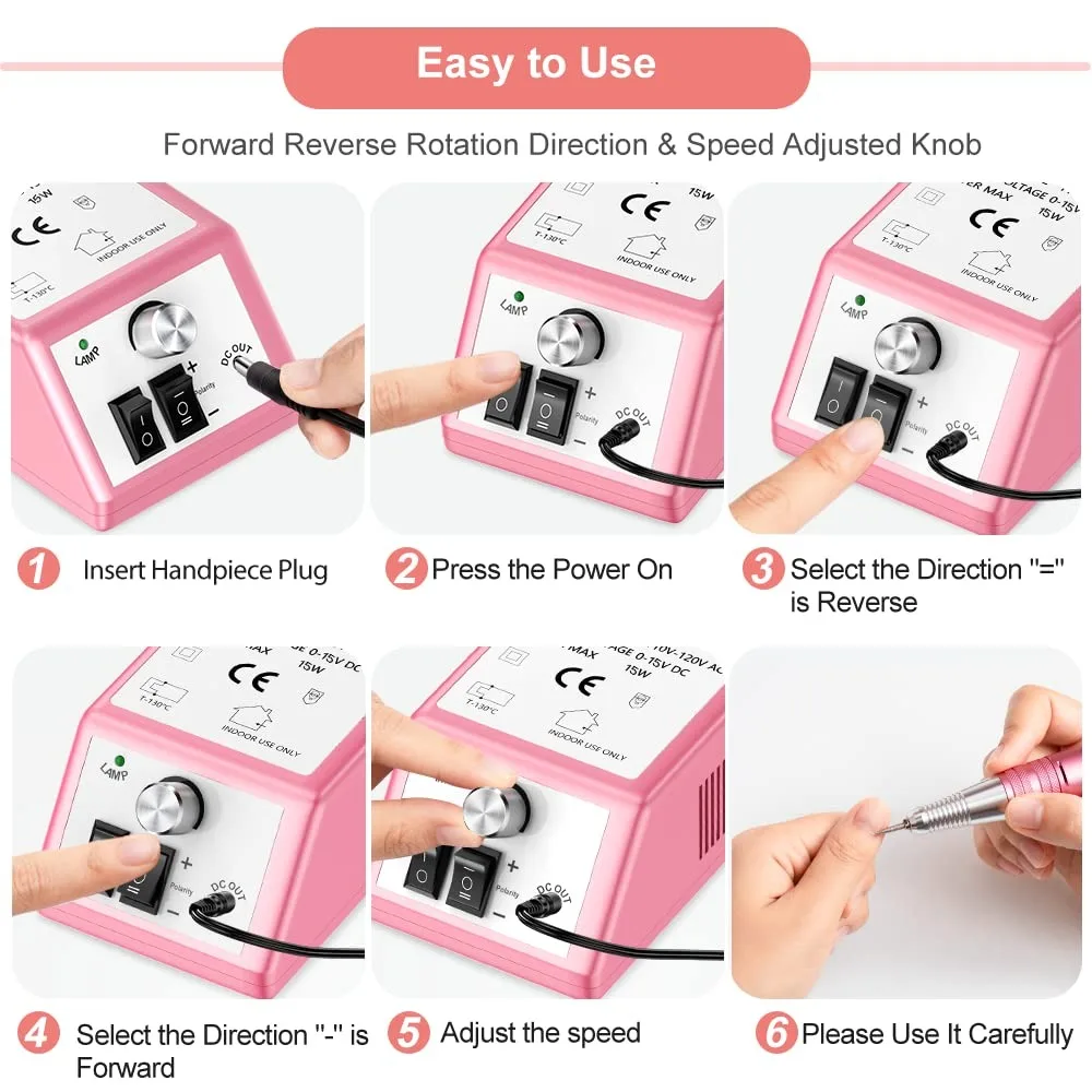 Kit Profissional de Broca Elétrica para Unhas 30000 RPM com 6 Brocas e 106 Bandas de Lixamento para Unhas de Acrílico e Gel - Manicure e Pedicure - Rosa