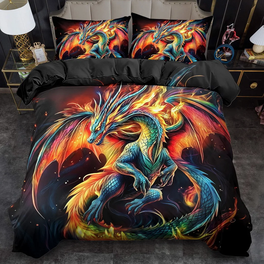 3pcs White & Black Dragons Holding Earth Bedding Set 3D Printed Fantasy Duvet Cover Set with Pillowcases for Bedroom