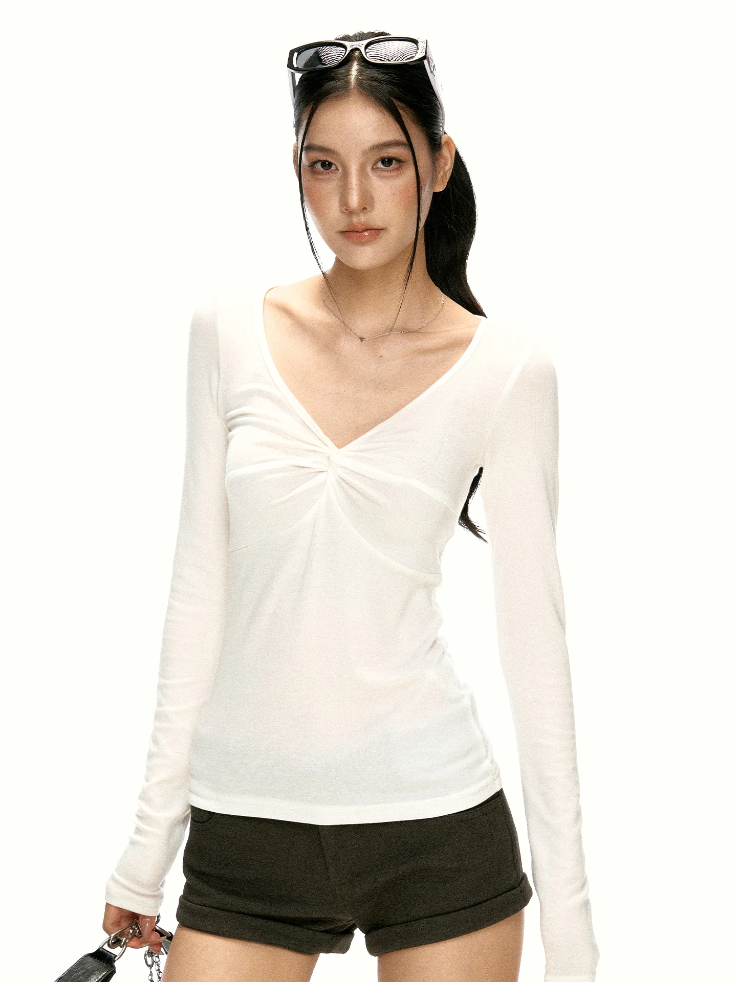 Aaisup Korean Style V-Neck Knot Shoulder Long Sleeve T-Shirt Women's Sexy Slim Fit Base Shirt Casual Style Autumn Design