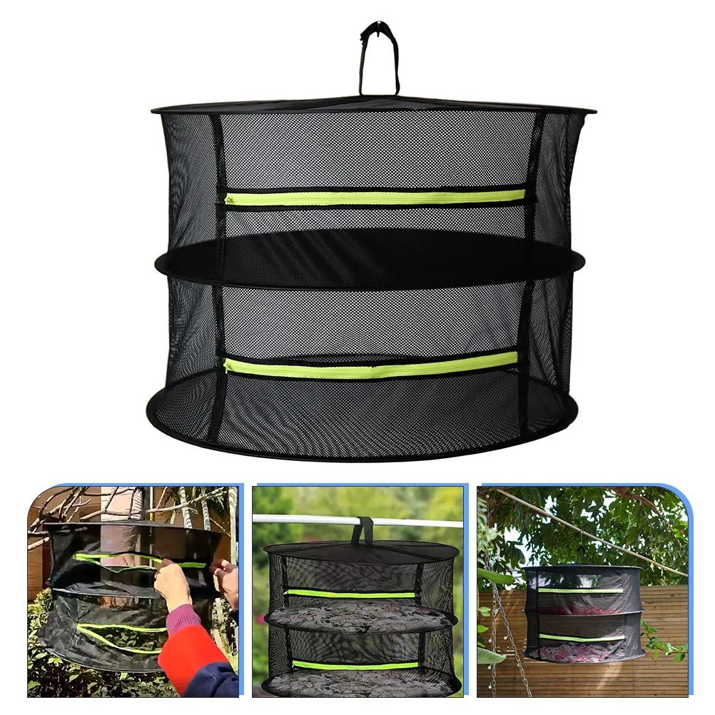 

2 Layer Herb Drying Rack Foldable Plant Net 60cm Diameter Black Mesh Zipper Food Clothes Dry Weed Small Holes Stable Elastic