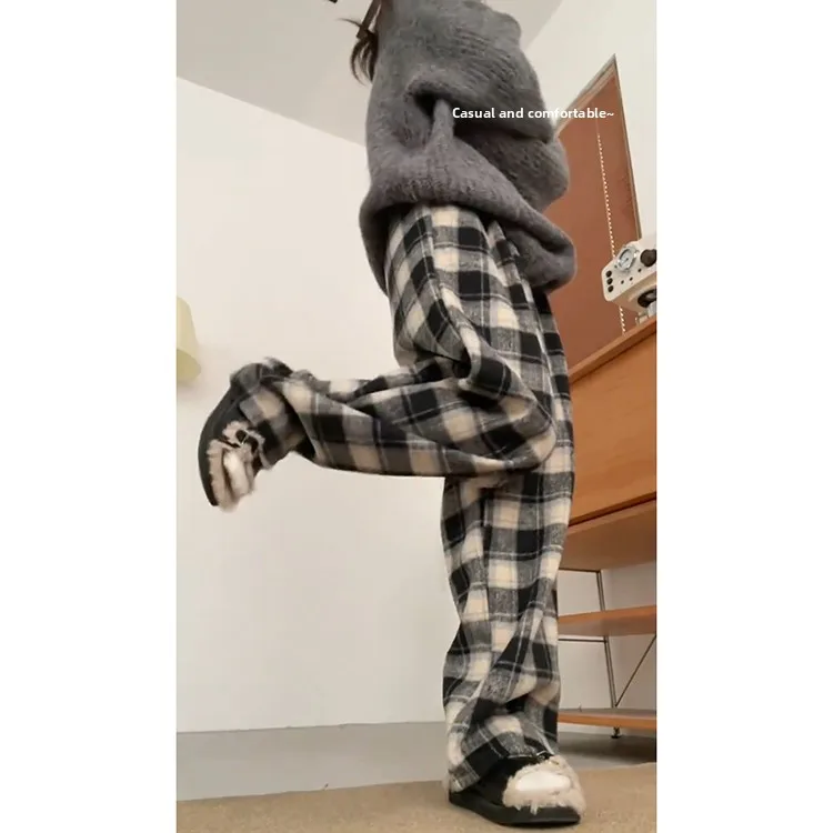 レトロクラシックな格子柄ウールパンツ レディース 秋冬 裏起毛 ゆったり スタイル フェイスライニング ドレープ カジュアル ワイドレッグパンツ