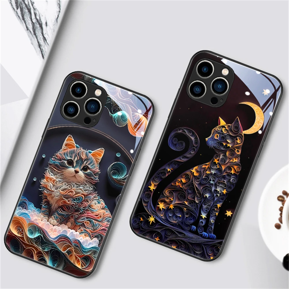 So Cute Cat Luminous Glass LED Call Light Up Flash Phone Case Cover For iPhone 15 14 13 12 11 Pro Max X XR XS 6 7 8 Plus SE2020