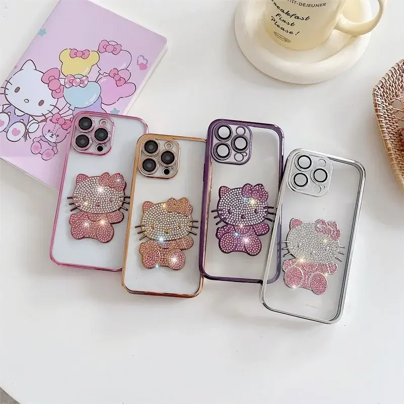 Sanrio Kawaii Hello Kitty IPhone Silicone Mobile Phone Cases Anime Cartoon Transparent Crystal Diamond Phone Protective Covers