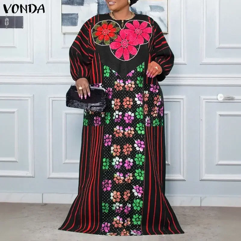 

VONDA Длинное платье больших размеров в богемном стиле, женское повседневное вечернее платье с длинным рукавом-фонариком, осеннее платье макси с v-образным вырезом и принтом 5XL