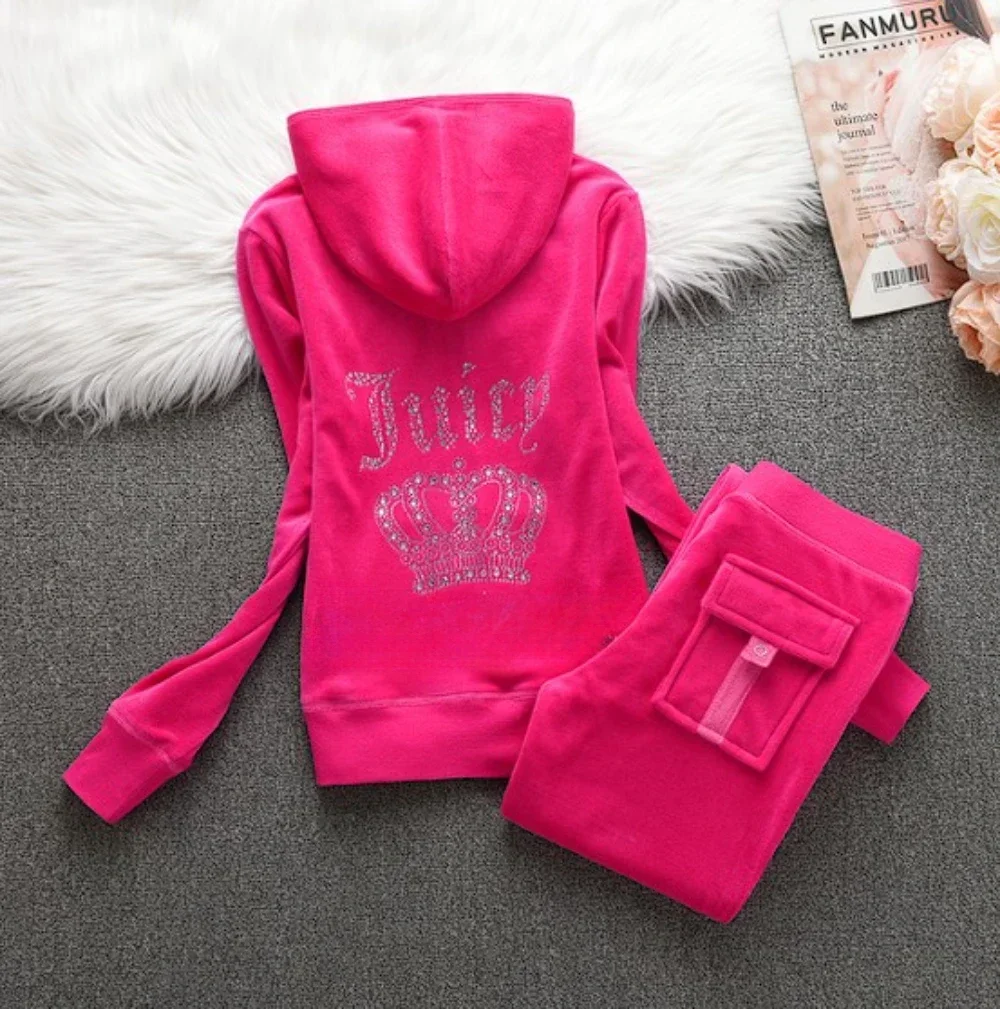 2024 beludru Tracksuit Set wanita Velour Sweatshirt 2 potong Set Wanita Pakaian hoodie celana Y2k Juicy Tracksuit jahit Set