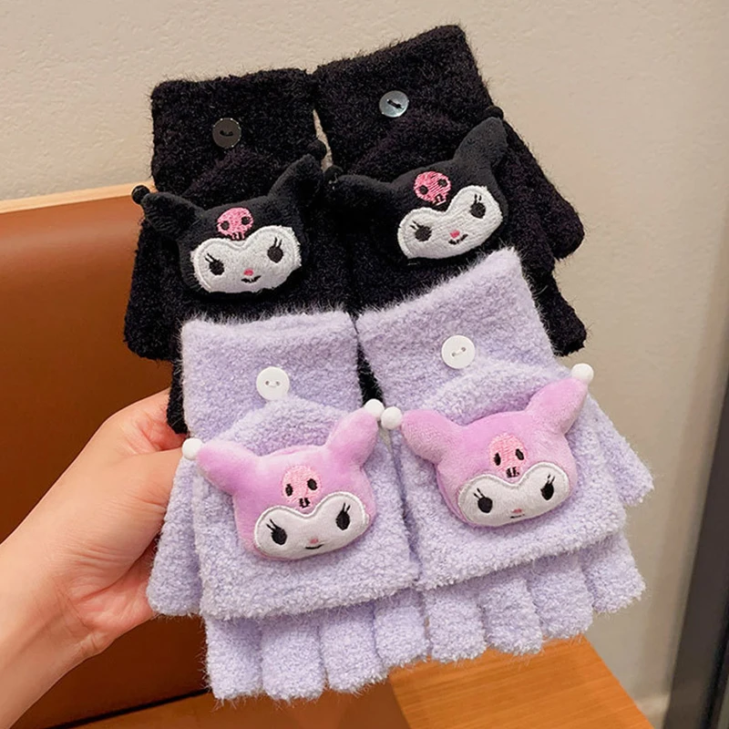 Kuromi Hello Kitty Cinnamoroll  Kids Gloves Thicken Warm Dew Fingers Warm Hands Girls Boys Fall Winter Sanrio Plush Coral Gloves