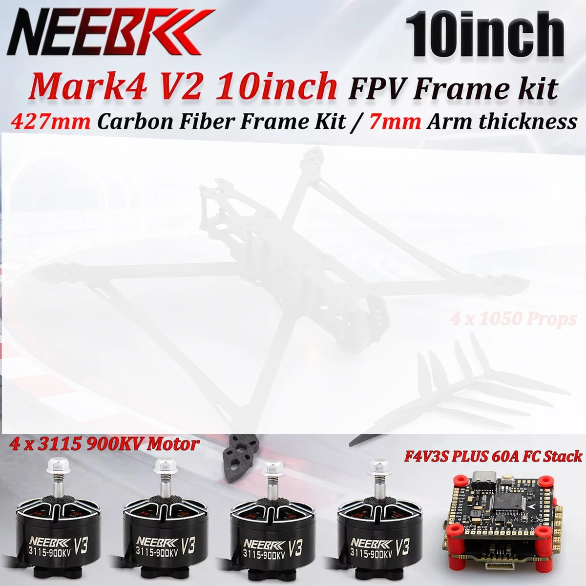 Mark4 V2 10inch FPV Frame Kit F4V3S PLUS 60A FC Stack 3115 900KV Motor 1050 3-blade Propellers for RC FPV Freestyle Racing Drone