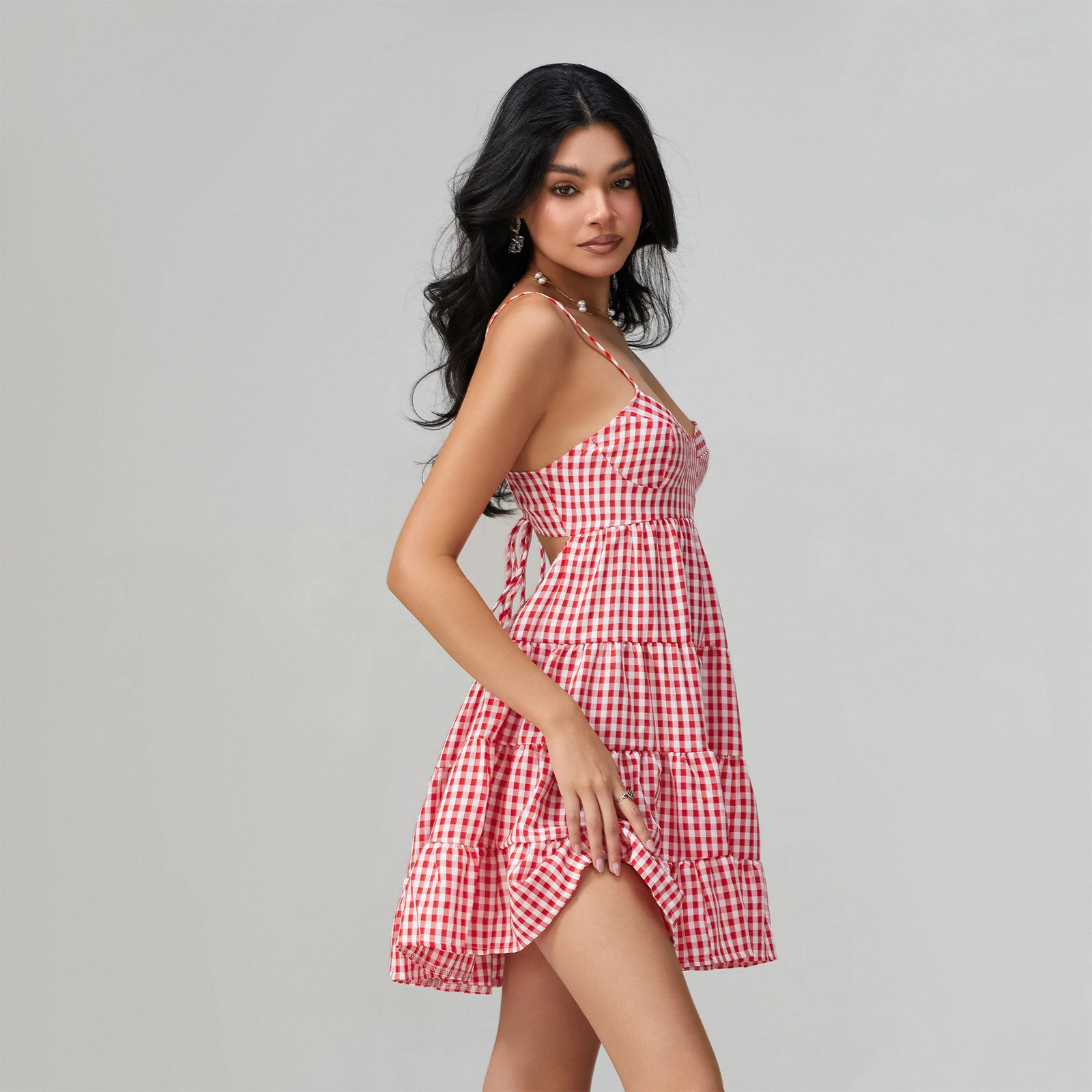 Nuove donne di moda cinturino per spaghetti abito Cami plaid scollo a cuore orlo a strati allacciatura posteriore abiti corti vendita calda SML