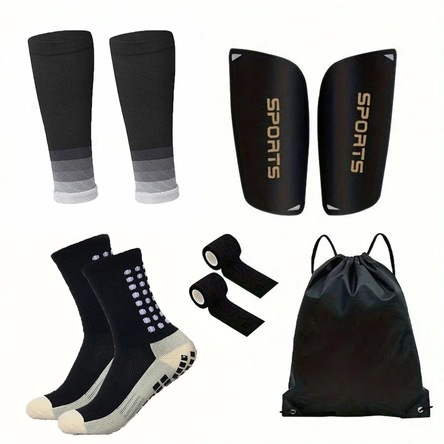 

6-piece set of classic football accessories combination bag, drawstring bag, sports socks, bandages, protective plate, sheath