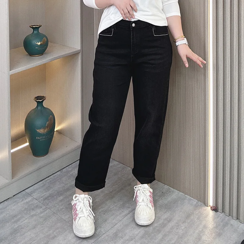 Plus Size Women Straight Leg Jeans Autumn Winter Fashion Warm High Waist Loose Slim Denim Ankle-Length Pants 6539