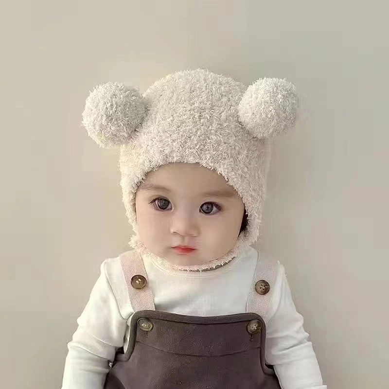 Cute Winter Warm Kids Girl Boys Baby Hats Fleece Wool Hemming Caps With Ball Wool Ear Protection Hats Soft Newborn Bonnet