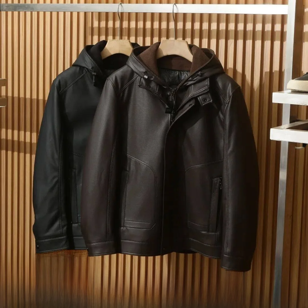 

Men's Winter High-End Detachable Hooded Leather Jaet down Coat Zipper Closure Warm Thiened Regular Fit Outdoor Sle
