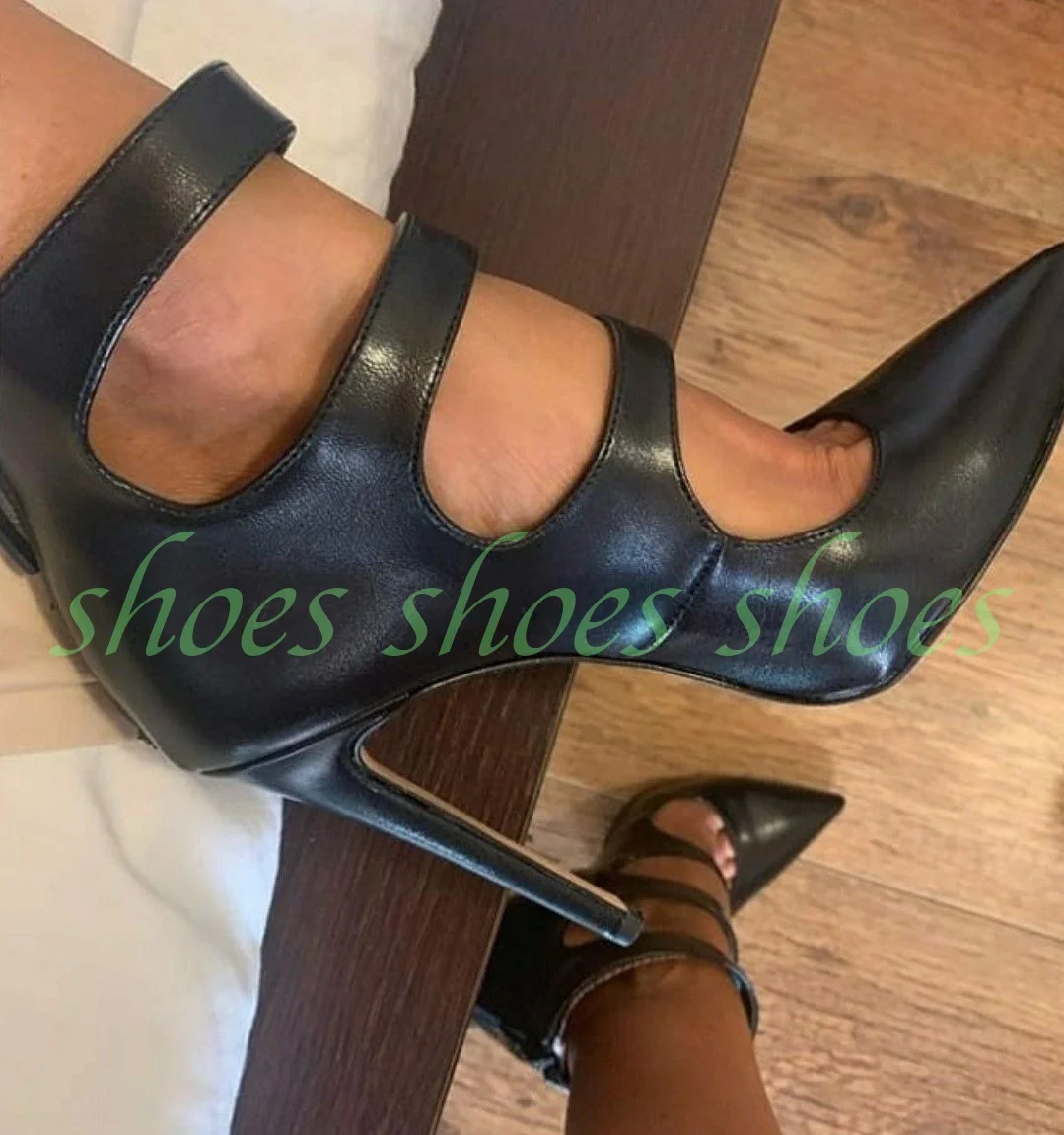 Women Black Faux Pu Pointed Toe Cutout Ankle Strap High Heel Pumps Back Zipper Stiletto Heels Elegant Office Party Runway Boots