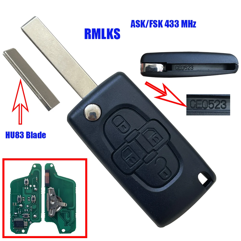 

4 Buttons Remote Key For Peugeot Car 807 1007 CE0523 ID46 PCF7941 Chip HU83 VA2 Blade ASK FSK 433 MHz Signal For Citroen