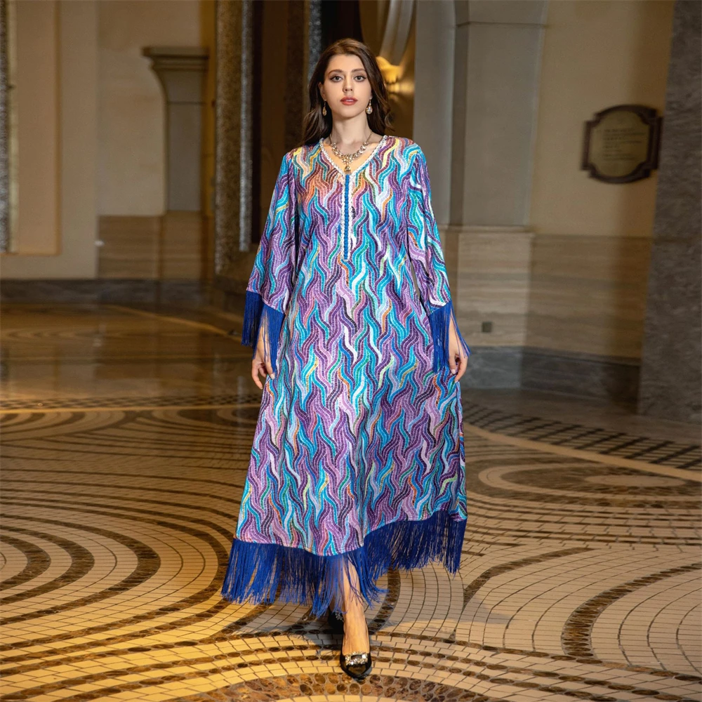 

Women's Jalabiya Chic Rhinestone Printing Tassel Patchwork Full Sleeve V-Neck Elegant Abaya for Female 2024 Dubai Eid Ramadan