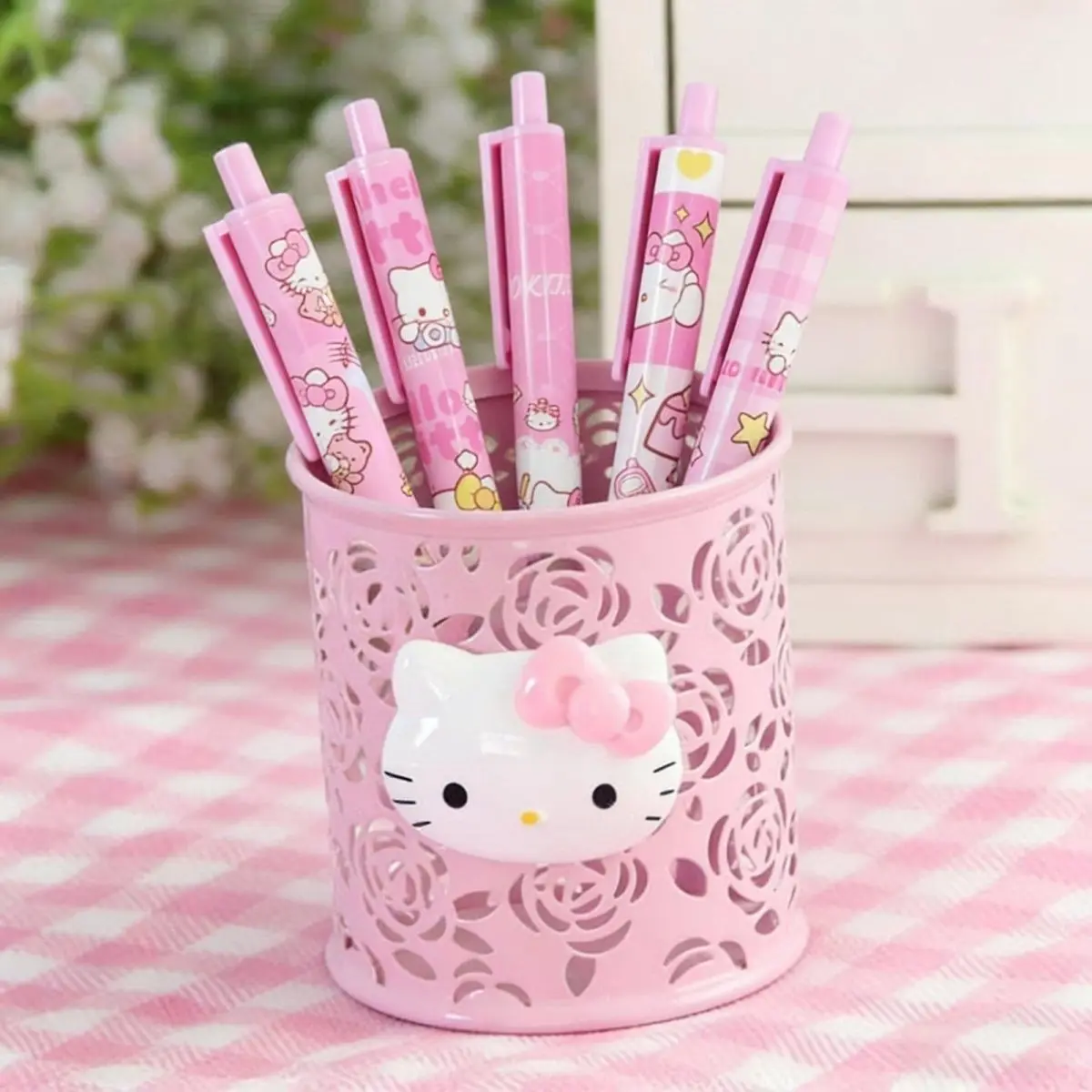 Hello Kitty Desktop Pen Pot Hollow Metal Pencil Holder Cartoon Stationery Organizer for Office School Desk Decor Birthday Gift view 5