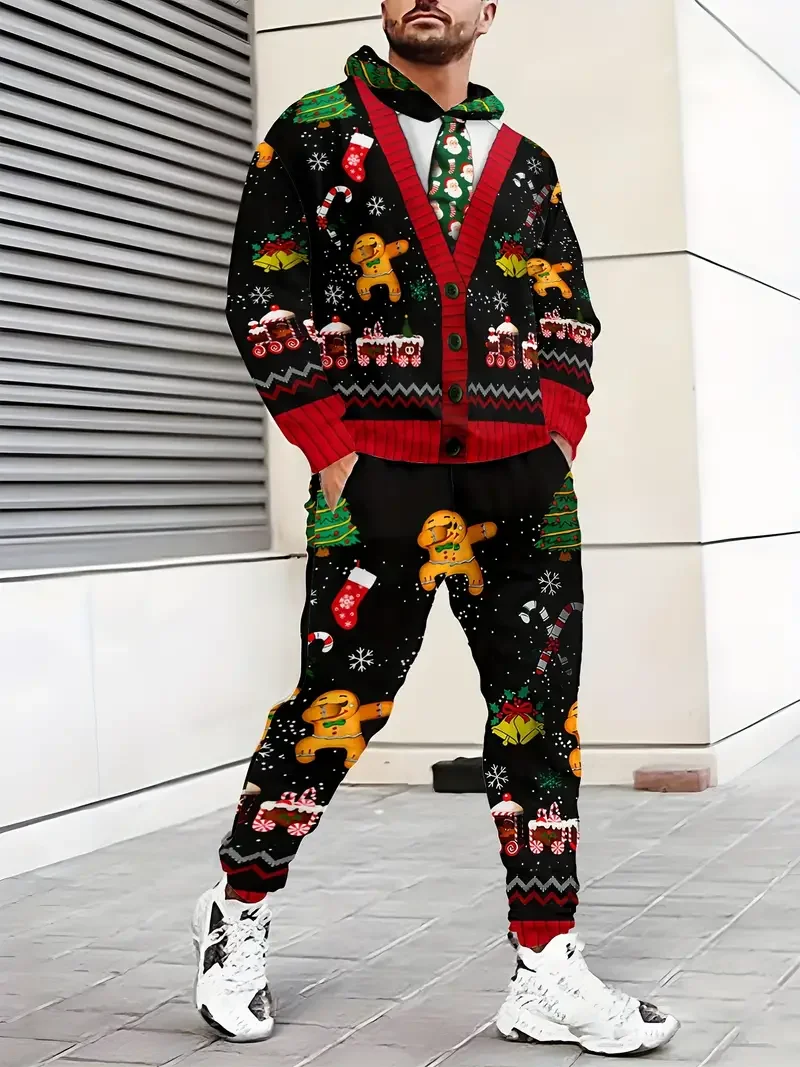 New Year Christmas Men\'s Anime Hoodie+Pant Suit Santa Claus 3D Printed Party Street Wear Women Kids Fun Festive Tracksuit