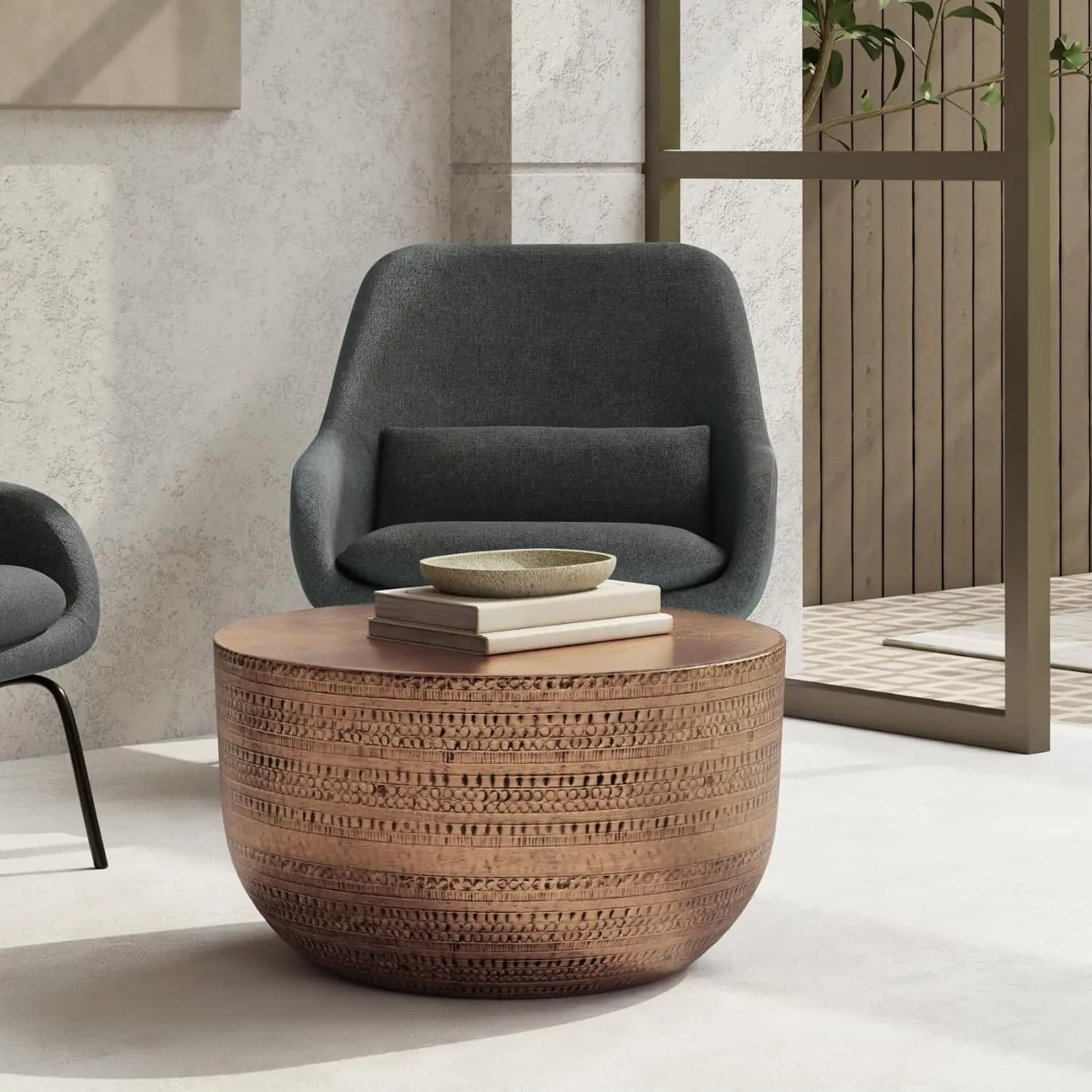 Johnsen 30-inch Wide Metal Drum Coffee Table in Antique Copper, Boho-Style Cocktail Table for Living Room or Family R