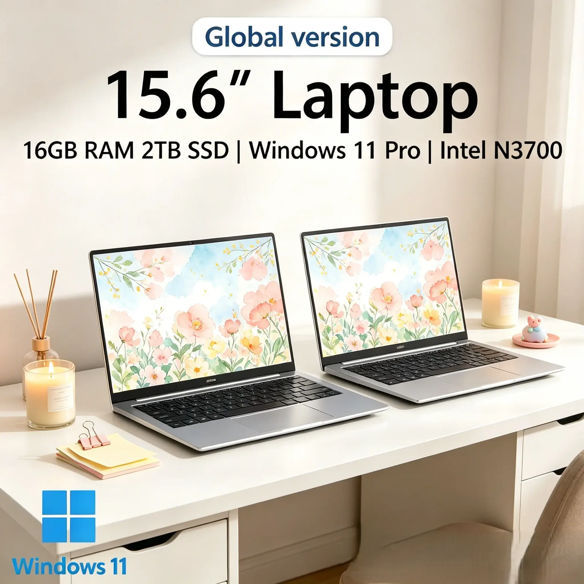 

New Ultra‑Slim 15.6" Laptop, Intel Celeron N3700 Processor, Windows 11, 16GB, 2TB , 1920×1080 Display Notebook for Daily Office