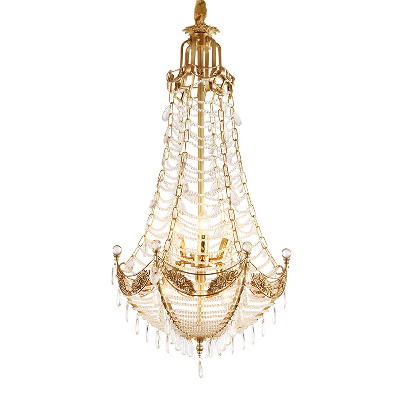 

DINGFAN French Chandelier Villa Stair Creative Living Room Lamp Luxury Hotel Restaurant Full Copper Long Pendent Light