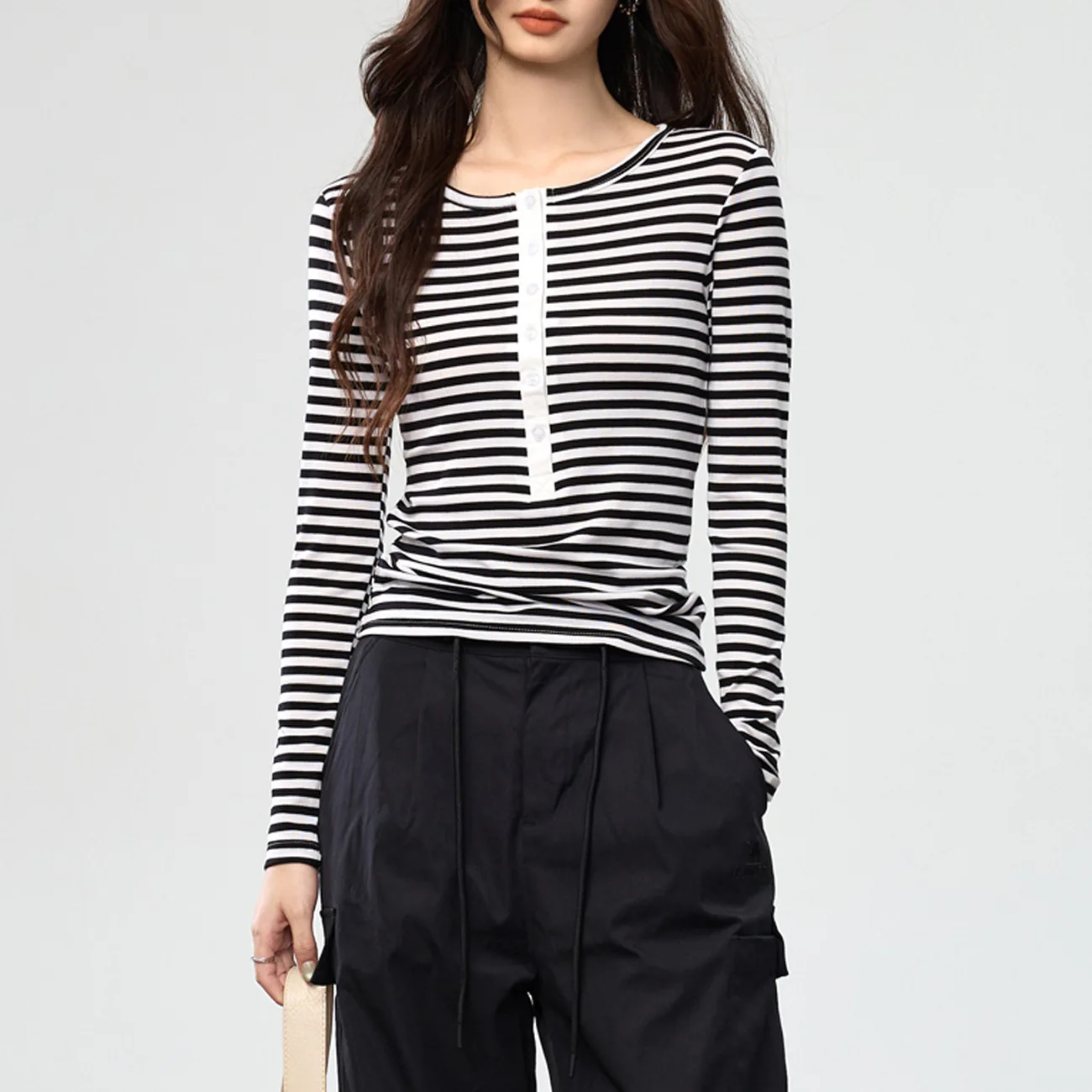 Women Black Grey Striped Henley Long Sleeve T Shirt Button Placket Slimming Daily Wear Basic Top Female Tee