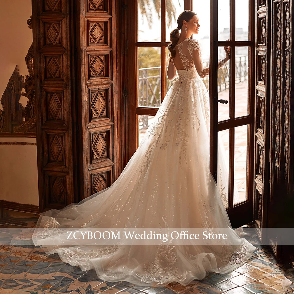 Elegant Long Sleeves A-Line Appliques Wedding Dresses 2026 Gorgeous Sweetheart Court Train Princess Bride Gowns Vestido De Novia