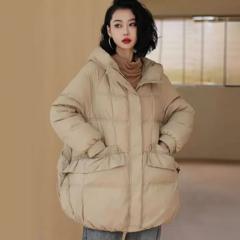 Women Autumn Winter Vintage Style Loose Casual Mid-Long Hooded Warm Puffer Coat Female 90% White Duck Down Jacket