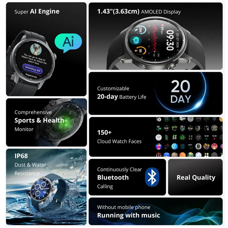 realme watch S2 SmartWatch 1.43'' AMOLED Display Blood Oxygen Sensor Spuer AI Engine IP68 Waterproof 20 Days Battery Life Watch