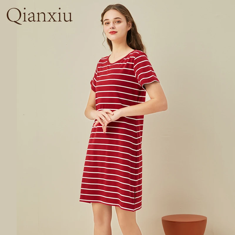 Women\'s Summer Cotton Striped Shorts Knee-Length Size Nightdress Over Size Suit Set Soft And Comfortable Homewear Home Dresss