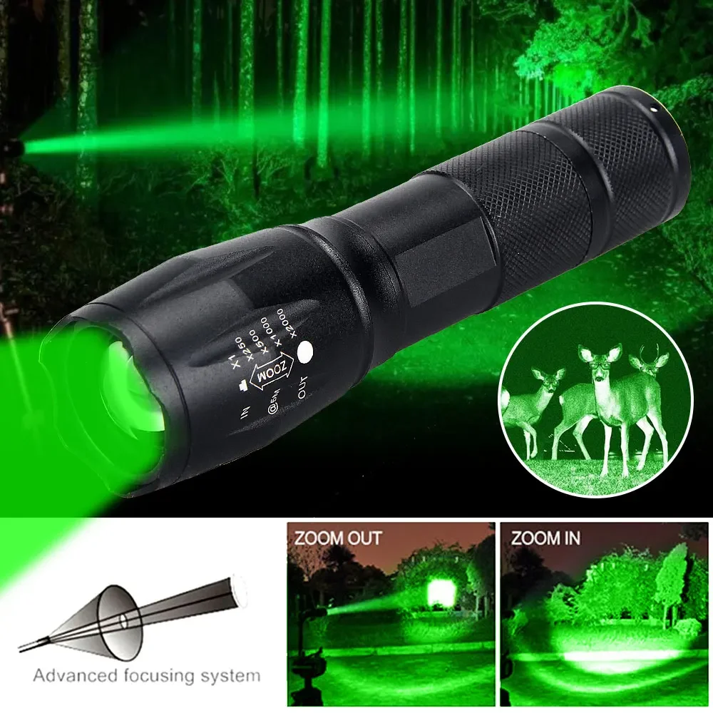 Tactical Green/Red/White Light LED Hunting Flashlight Zoomable Torch Waterproof Outdoor Camping Fishing Lamp