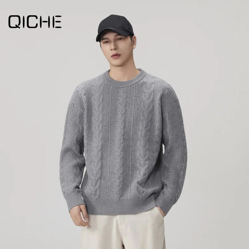QICHE 2026 New Men Retro Cable Knit Pullover Sweater Autumn Winter Thick Warm Crew Neck Loose Versatile Casual Knit Top