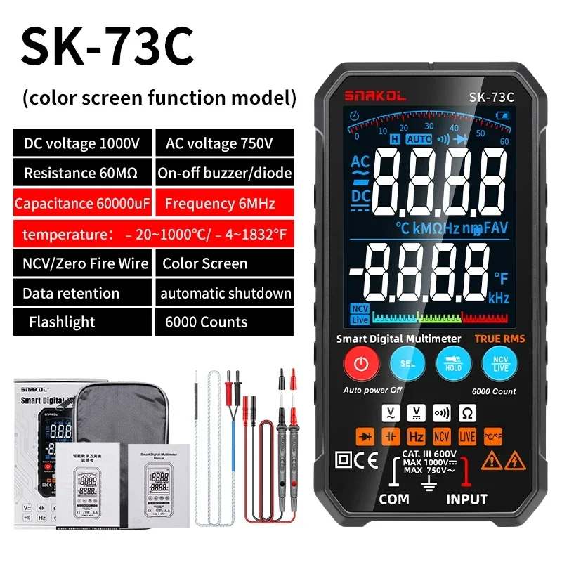 Snakol SK73C Mini Digital Multimeter, Smart Electrician Tester for DC/AC Voltage, Capacitance, Resistance, Frequency, and NCV, P