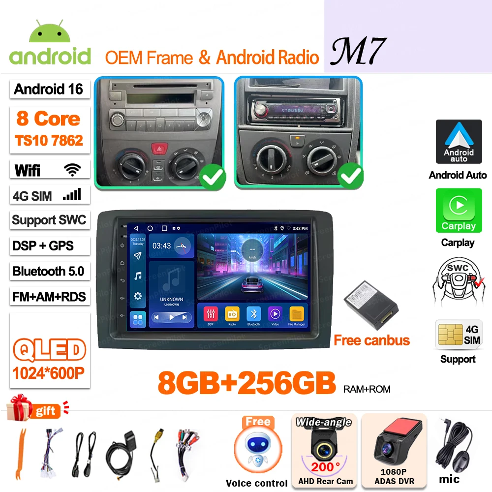 Android 16 Carplay Display Scherm GPS Navigatie Autoradio voor Fiat Idea Lancia Musa 2003 2004 2005 2006 2007 2008, geen 2din video.