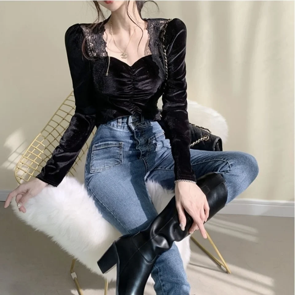 2023 Sexy Square Neck Lace Velvet Top Women\'s Long Blusas Clothes for Women Tops Shirts Blouses