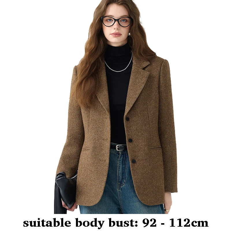 High quality woolen women blazer long sleeve jacket single breasted autumn winter 2025 elegant office clothes grey brown