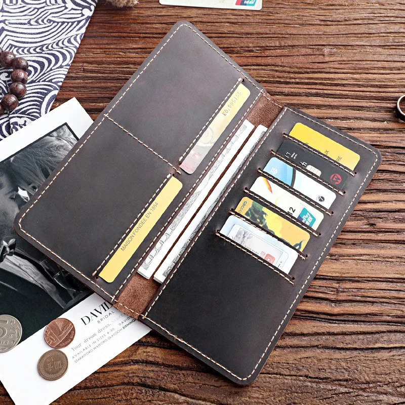 

Genuine Leather Wallet For Men Male Vintage Handmade Crazy Horse Cowhide Long Bifold Slim Wallets Purse Card Holder Man