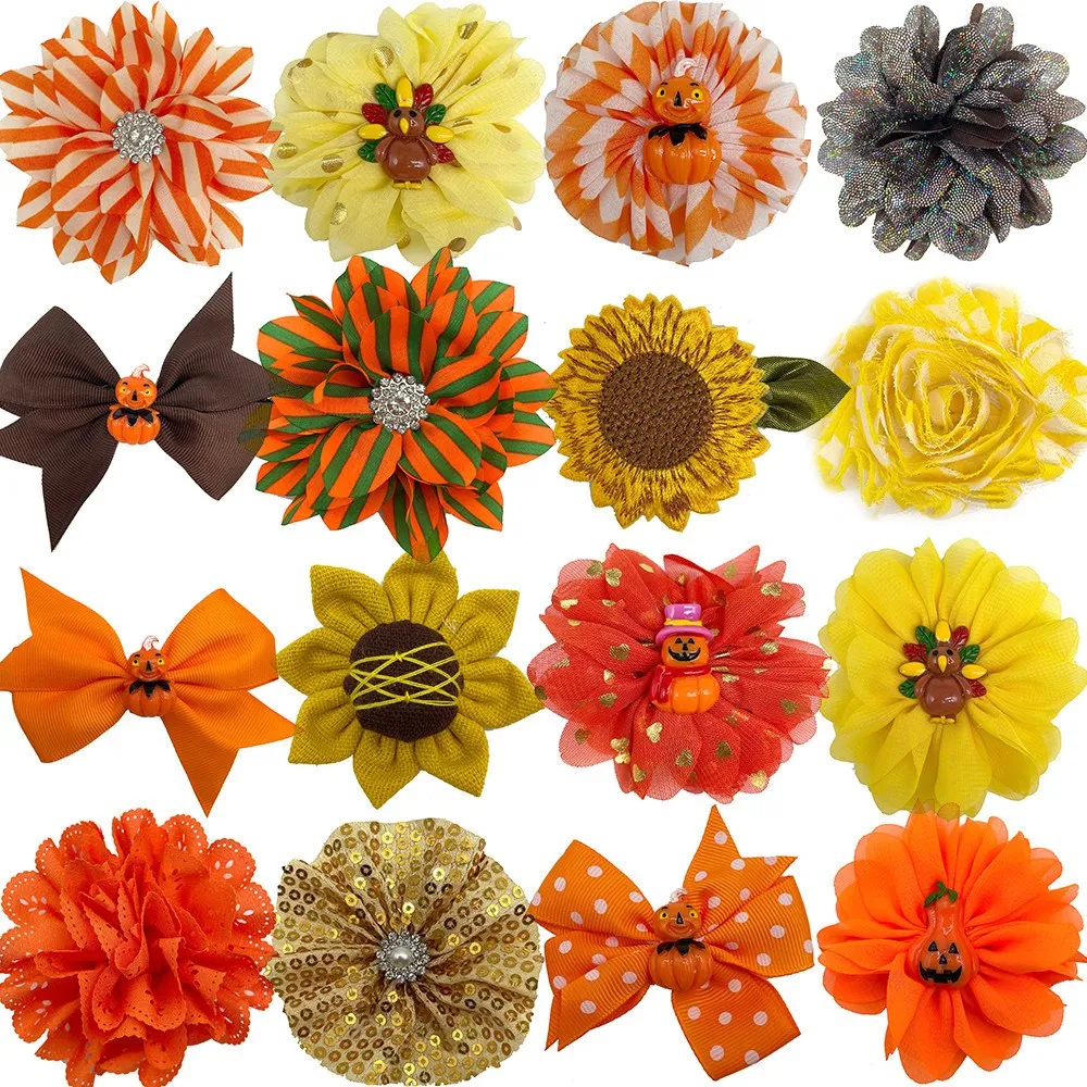 

50/100pcs Thanksgiving Dog Bowties Accessories Turkey Style Fall Pet Supplies Slidable Dog Collar Flowers Charms Accessories