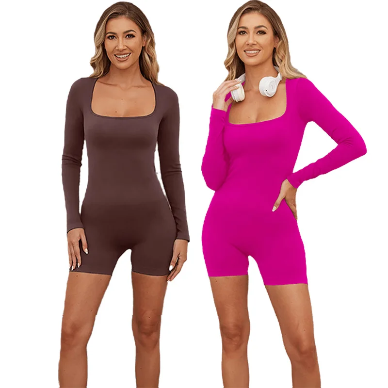 Seamless Yoga Jumpsuits Women Long Sleeve Square Neckline One Piece Yoga Set Fitness Gym Sportswear