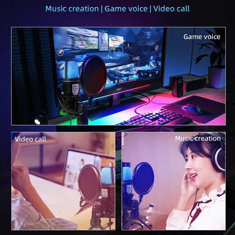 Gaming USB Microphone for PC Condenser Mic with RGB Indicator Tripod Stand Gain Control for Recording Live Podcast Computer Mic