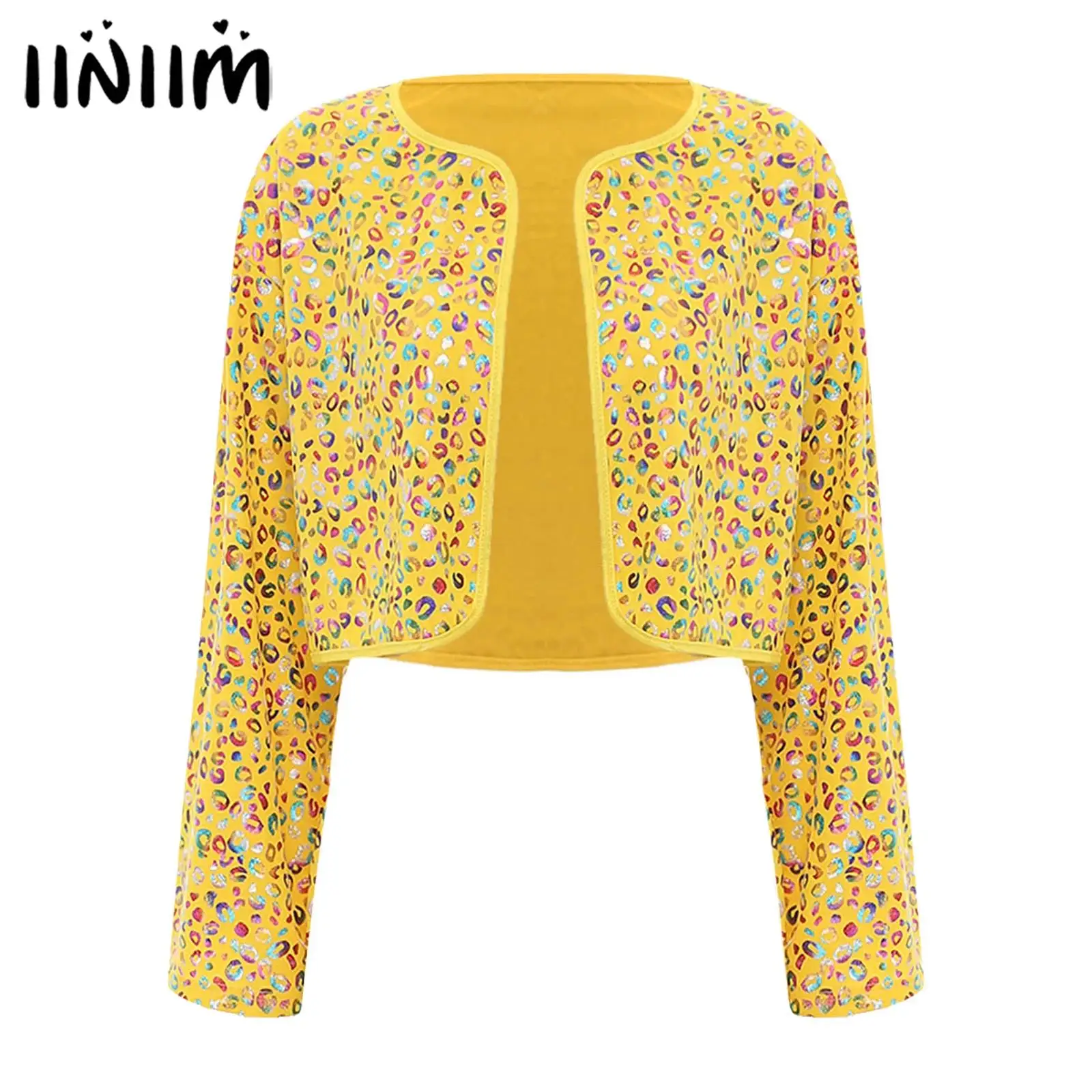 

Womens Adult Shiny Leopard Print Short Jacket Coat Y2k Streetwear Punk Disco Tees Long Sleeve Cardigan Jazz Modern Dance Costume