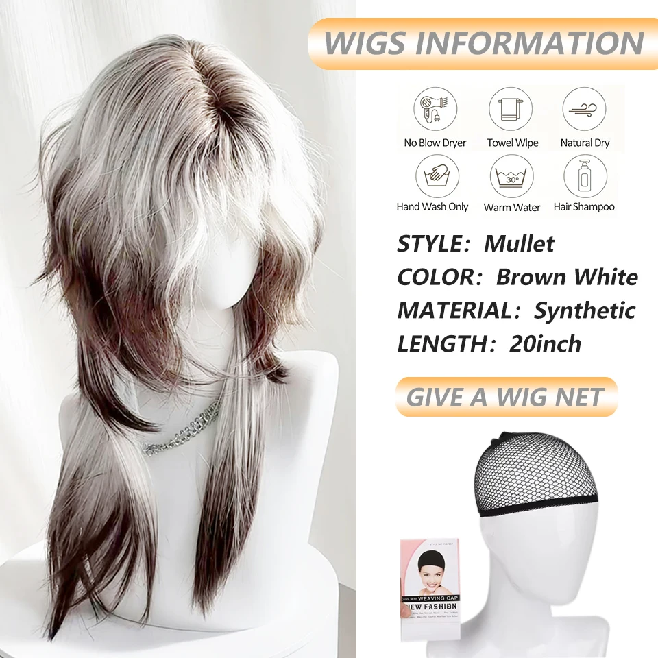 Brown Gradient White Mullet Head Wig with Bangs Jellyfish Head Wavy Natural Fake Hair Synthetic Cosplay Halloween Party Wigs
