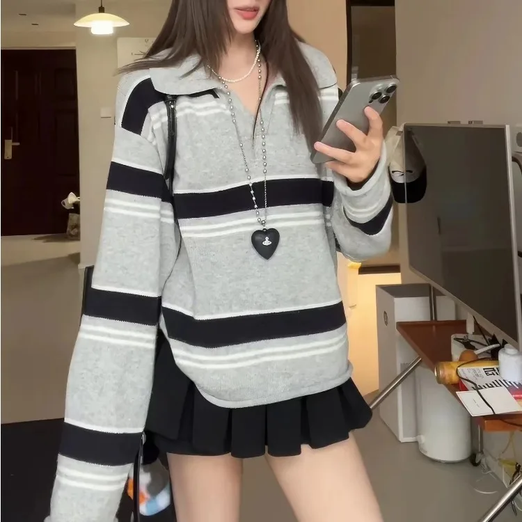 Damesgebreide kleding Herfst 2025, Dongda Gate Retro Lazy Sle Veelzijdig Faionable High-End Feel Gestreepte top met kraag Lang Sve