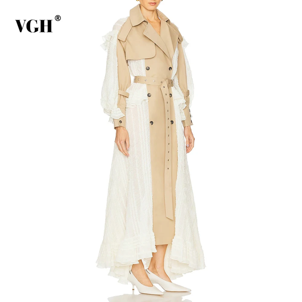 

VGH Elegant Slimming Spliced Folds Hit Color Jackets For Women Lapel Long Sleeve Patchwork Belt Spring Designer Coat Female New