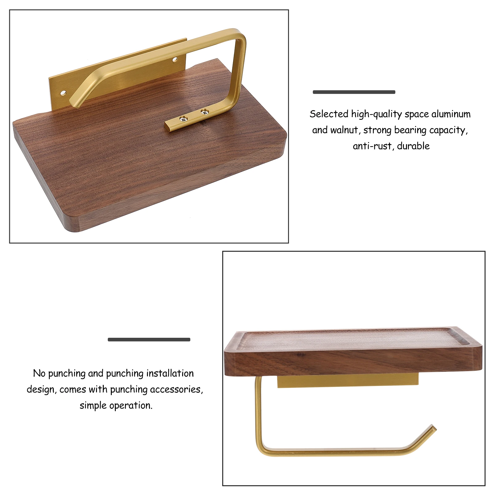 

1pc Multi-Function Wall-Mounted Roll Paper Rack Sturdy Space Aluminum Walnut Bathroom Tissue Holder Phone Storage Shelf Stand