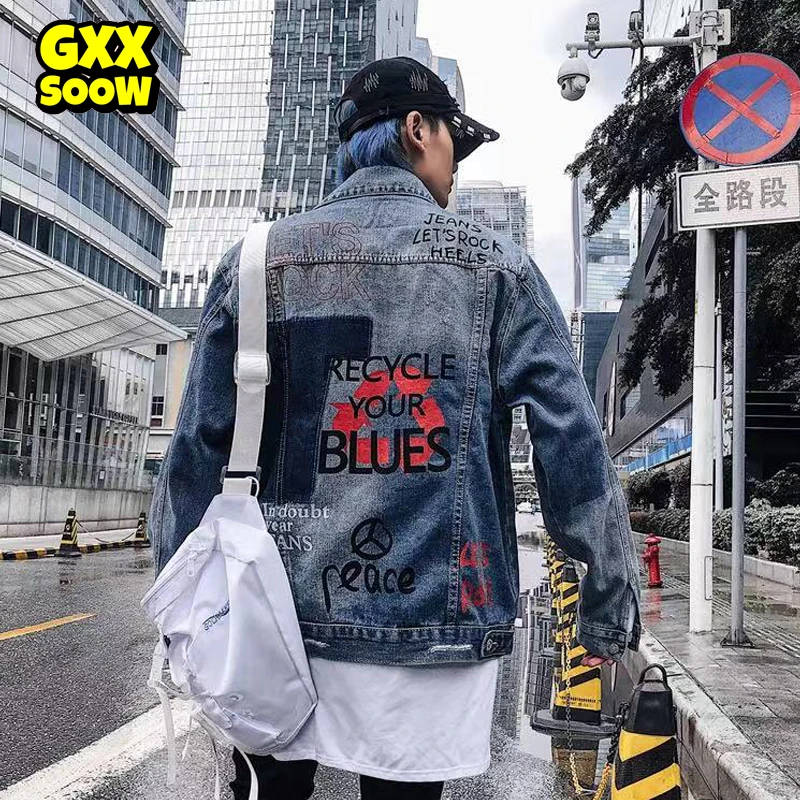 

Men Vintage Denim Jackets Letter Graffiti Printed Jeans Jacket Coat Men Hip Hop Streetwear Harajuku Men Clothing Y2k