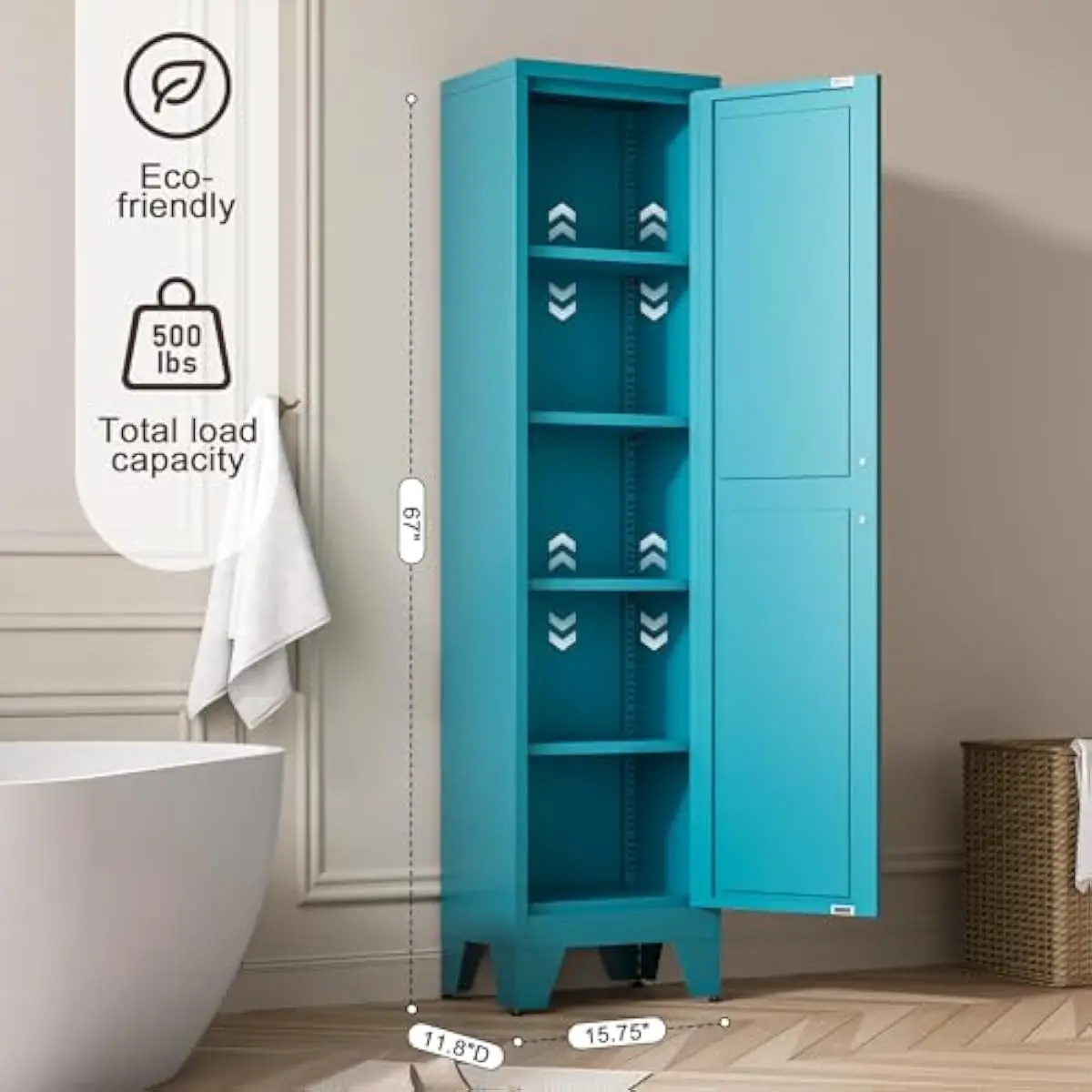 Tall slim metal storage unit with 5 height-adjustable shelves and reversible single barn-style door ideal for tight spaces bathr