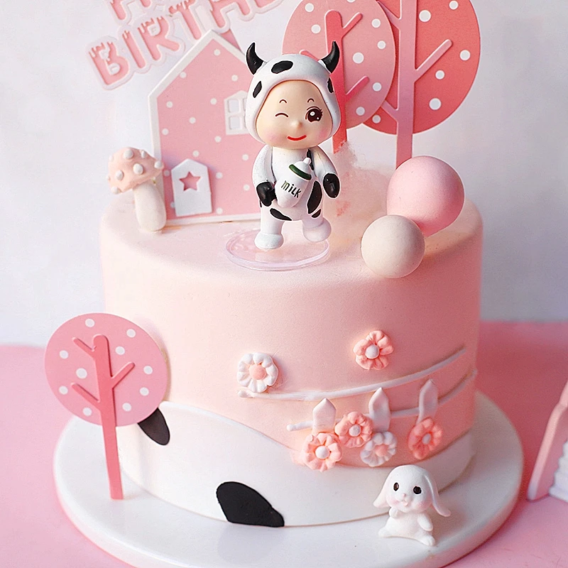 Child Happy Birthday Acrylic Cake Toppers Flag Pink Farm Happy Cow Baby Rabbit for Kid's Birthday Cake Party Supplies Gifts