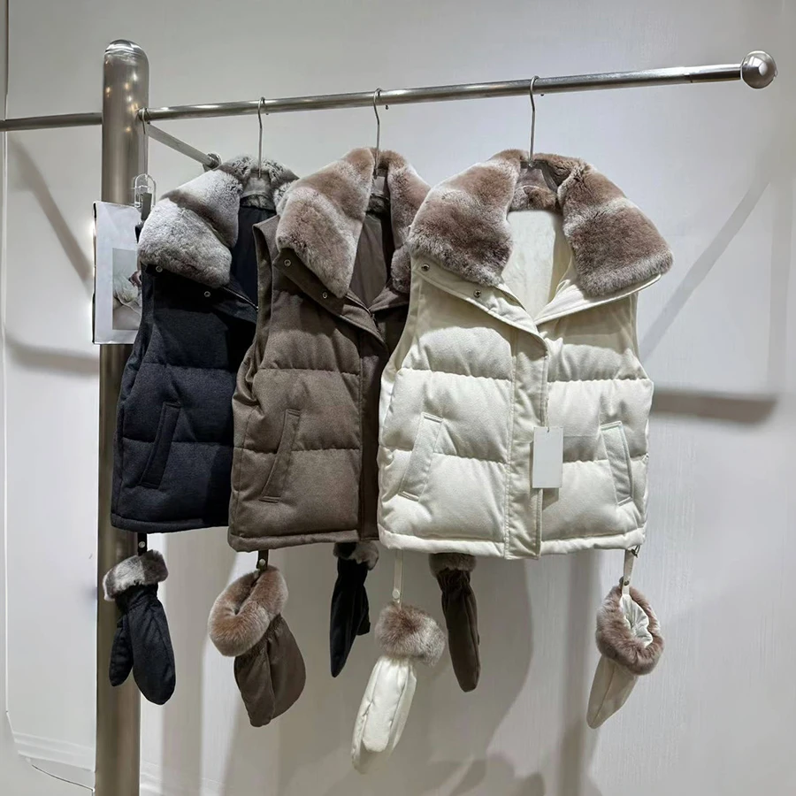Natuurlijk Rex konijnenbont vest korte witte donsjas dames winter donsjack met bontkraag luxe echt bont jas